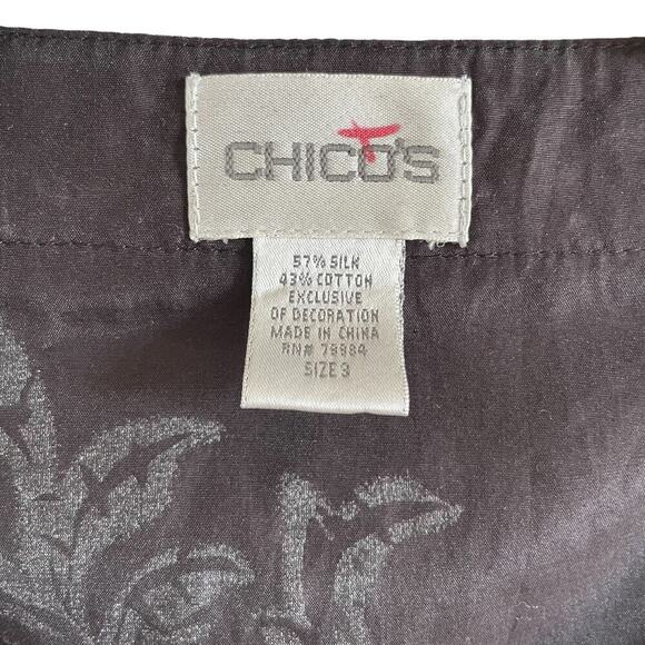 Chico’s Silk Tunic Top Beaded Floral Split Neck Blouse Black Size 3/XL - Picture 6 of 8